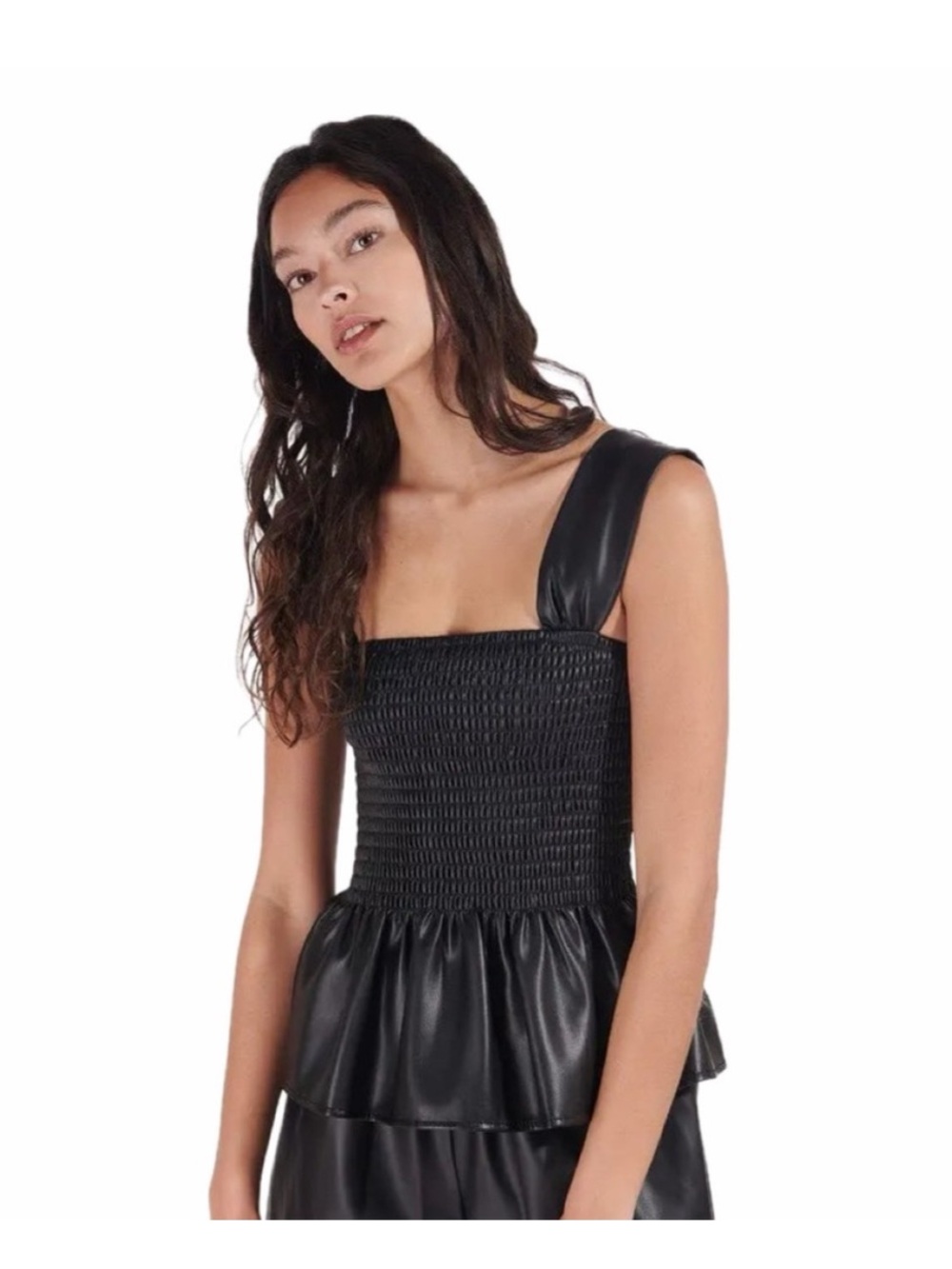 STAUD Ida Black Faux Leather Peplum Top Size L